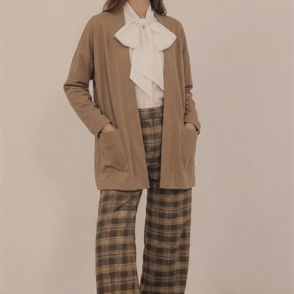 Eileen Fisher Tan Sand Beige Open Cardigan hand pockets organic cotton Jacket